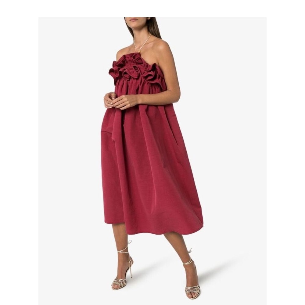 Nackiye Strapless Red Cotton Linen Silk Ruffle Dress